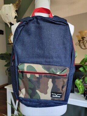 NWOT Kimes Ranch Jeans Denim & Camouflage Backpack with Red Accents